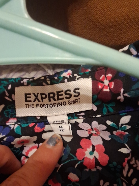 Express Tops - Express Floral Portofino Button-Down Shirt in Navy with Pink & Teal Flowers